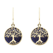 9ct Yellow Gold Blue Goldstone Round Tree of Life Drop Earrings, E2429.