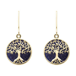 9ct Yellow Gold Blue Goldstone Round Tree of Life Drop Earrings, E2429.
