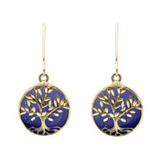 9ct Yellow Gold Lapis Lazuli Round Large Tree of Life Leaves Drop Earrings, E2427