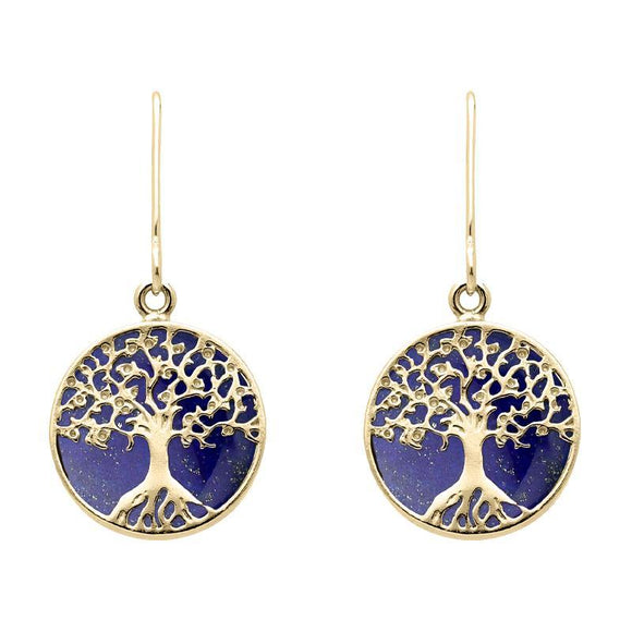 9ct Yellow Gold Lapis Lazuli Round Tree of Life Drop Earrings, E2429.