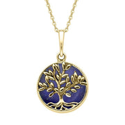 9ct Yellow Gold Lapis Lazuli Small Round Large Leaves Tree of Life Necklace, P3340.