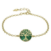 9ct Yellow Gold Malachite Round Tree of Life Chain Bracelet, B1140.