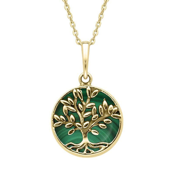 9ct Yellow Gold Malachite Small Round Large Leaves Tree of Life Necklace, P3340.