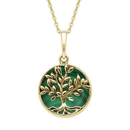 9ct Yellow Gold Malachite Small Round Large Leaves Tree of Life Necklace, P3340.