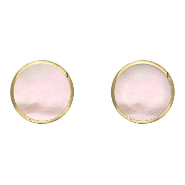 9ct Yellow Gold Pink Mother of Pearl 8mm Classic Large Round Stud Earrings, e004.