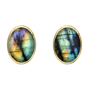 9ct Yellow Gold Spectrolite 8 x 10mm Classic Large Oval Stud Earrings, E007.