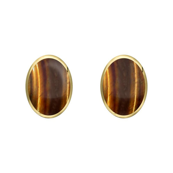 9ct Yellow Gold Tigers Eye 7 x 5mm Classic Small Oval Stud Earrings, E005.