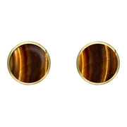 9ct Yellow Gold Tigers Eye 8mm Classic Large Round Stud Earrings, e004.