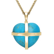 9ct Yellow Gold Turquoise Medium Cross Heart Necklace, P1543.