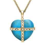 9ct Yellow Gold Turquoise Pearl Medium Cross Heart Necklace. P2258.