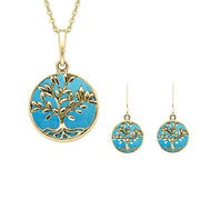 9ct Yellow Gold Turquoise Round Large Leaves Tree of Life Two Piece Set, S062.