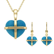 9ct Yellow Gold Turquoise Small Cross Heart Two Piece Set