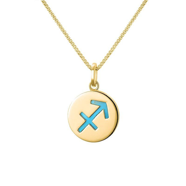 9ct Yellow Gold Turquoise Zodiac Sagittarius Round Necklace, P3602.