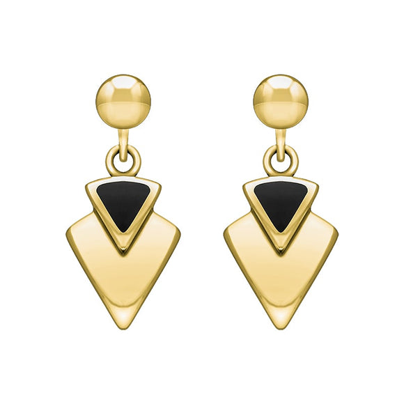 9ct Yellow Gold Whitby Jet Arrowhead Drop Earrings. E201.
