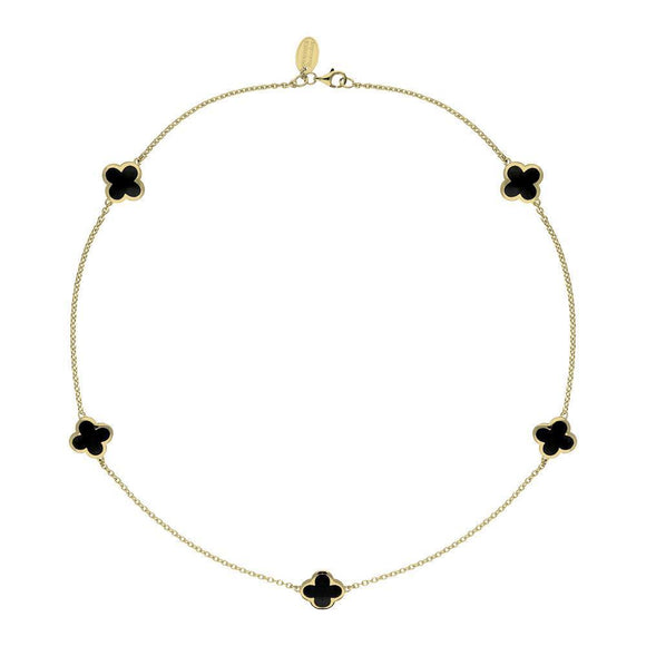 9ct Yellow Gold Whitby Jet Bloom Four Leaf Clover Long Necklace, N1128.
