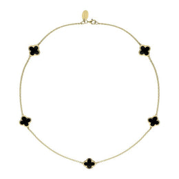 9ct Yellow Gold Whitby Jet Bloom Four Leaf Clover Long Necklace, N1128.