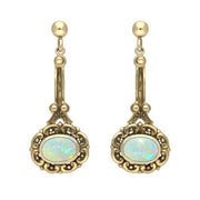 9ct Yellow Gold Opal Ornate Antique Oval Drop Earrings