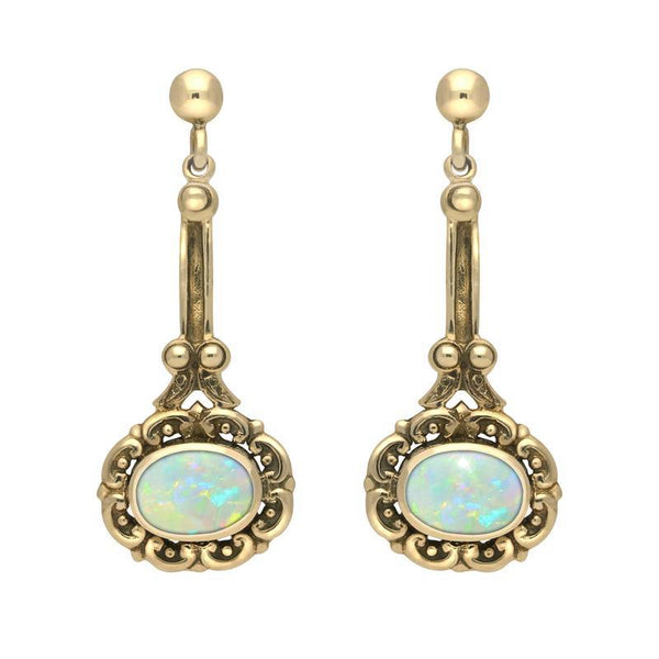 9ct Yellow Gold Opal Ornate Antique Oval Drop Earrings