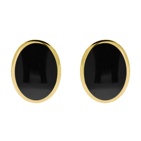 9ct Yellow Gold Whitby Jet Oval Flat Omega Stud Earrings. E084.