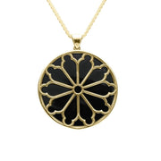00136086 9ct Yellow Gold Whitby Jet Whitby Abbey Large Round Window Necklace, P2447.