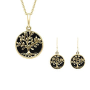9ct Yellow Gold Whitby Jet Round Large Leaves Tree of Life Two Piece Set, S062.