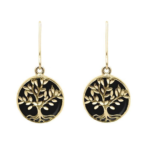 9ct Yellow Gold Whitby Jet Round Large Tree of Life Leaves Drop Earrings, E2427.