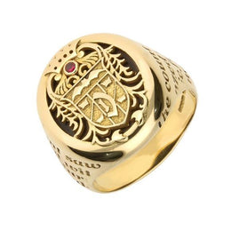 9ct Yellow Gold Whitby Jet Ruby Dracula Crest Replica Signet Ring. R622. 