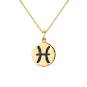 9ct Yellow Gold Whitby Jet Zodiac Pisces Round Necklace, P3605.