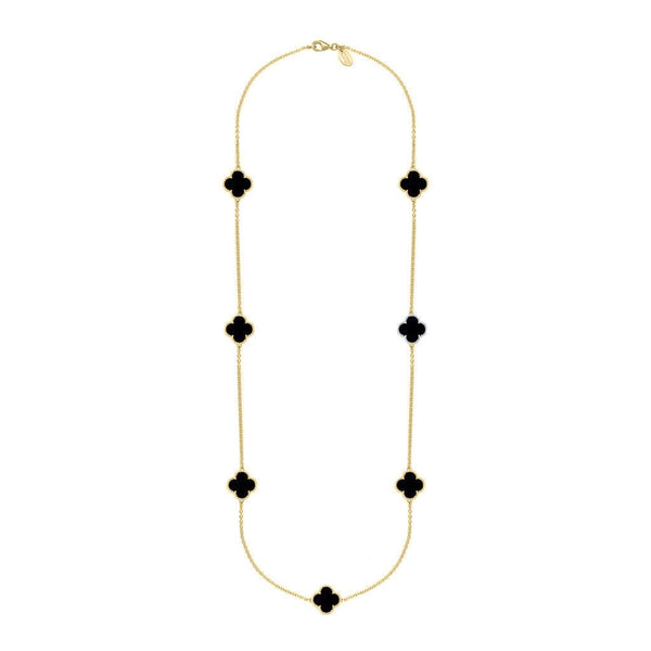 9ct Yellow Gold Whitby Jet Bloom Seven Stone Four Leaf Clover Chain Necklace, N1040.