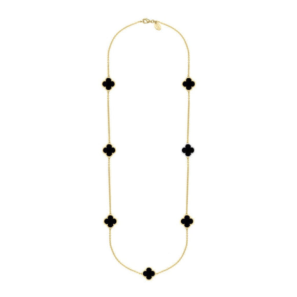 9ct Yellow Gold Whitby Jet Bloom Seven Stone Four Leaf Clover Chain Necklace, N1040.