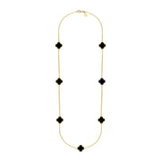 9ct Yellow Gold Whitby Jet Bloom Seven Stone Four Leaf Clover Chain Necklace, N1040.