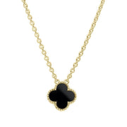 9ct Yellow Gold Whitby Jet Bloom Small Four Leaf Clover Ball Edge Chain Necklace, N1044.