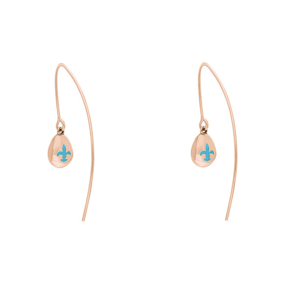 9ct Rose Gold Turquoise Fleur De Lis Disc Drop Earrings, E1373.9ct Rose Gold Turquoise Fleur De Lis Disc Drop Earrings, E1373.