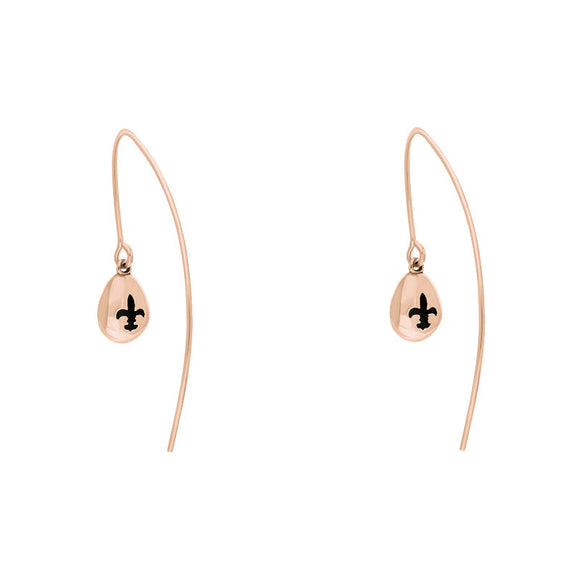 9ct Rose Gold Whitby Jet Fleur De Lis Disc Drop Earrings, E1373.