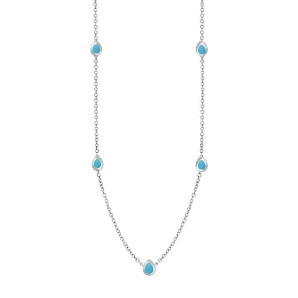 9ct White Gold Turquoise Fleur De Lis Link Disc Chain Necklace, N747.