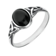 9ct White Gold Whitby Jet Oval Celtic Shoulder Ring R827