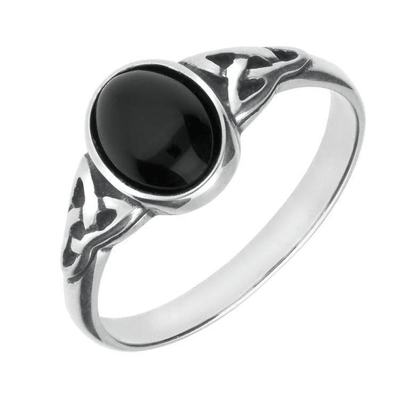 9ct White Gold Whitby Jet Oval Celtic Shoulder Ring R827