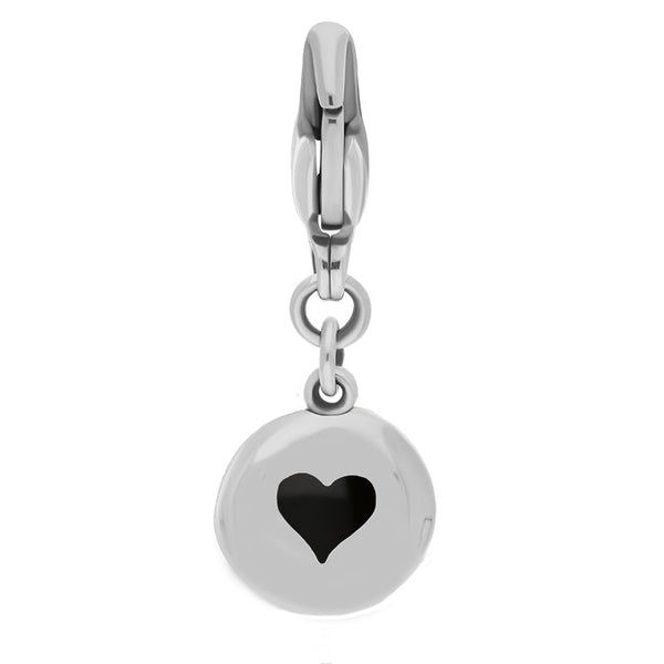 9ct White Gold Whitby Jet Round Shaped Heart Clip Charm, G665.