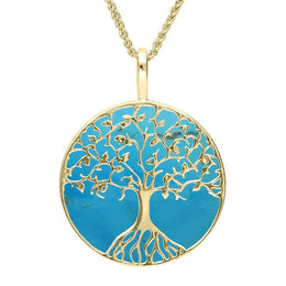 9ct Yellow Gold Turquoise Round Tree Of Life Necklace P3146