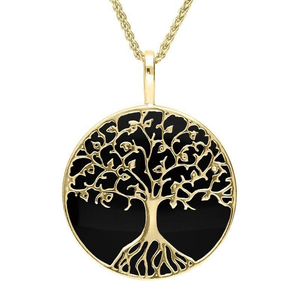 9ct Yellow Gold Whitby Jet Round Tree Of Life Necklace P3146