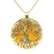 9ct Yellow Gold Amber Large Round Tree Of Life Necklace P3353