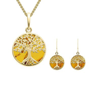 9ct Yellow Gold Amber Small Round Tree of Life Two Piece Set S064