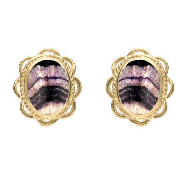 9ct Yellow Gold Blue John Large Rope Oval Frill Stud Earrings, E079