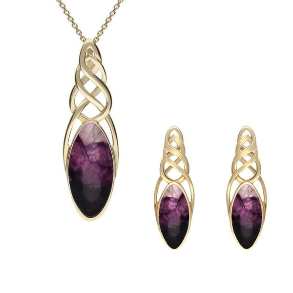 9ct Yellow Gold Blue John Marquise Pierced Long Two Piece Set, S054.