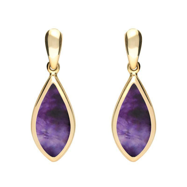 9ct Yellow Gold Blue John Small Pointed Pear Drop Earrings. E686.