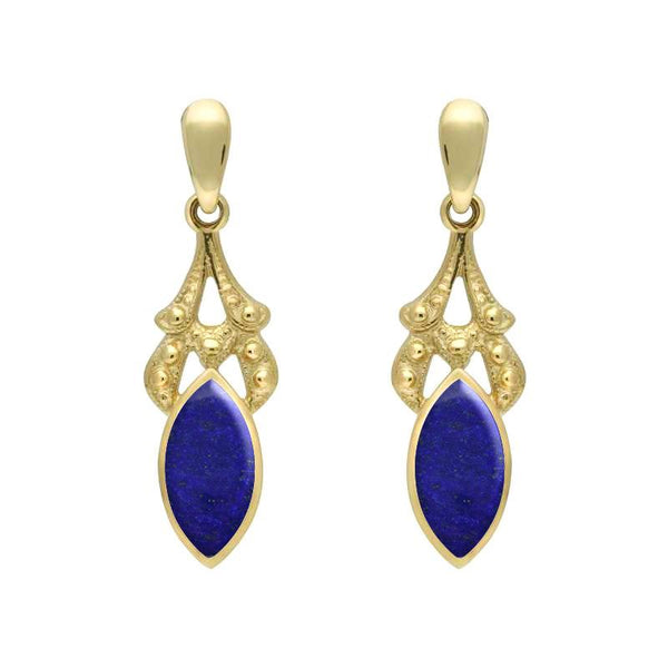 9ct Yellow Gold Lapis Lazuli Marquise Drop Earrings. E075.