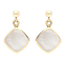 9ct Yellow Gold Mother of Pearl Cushion Drop Earrings. E227. 