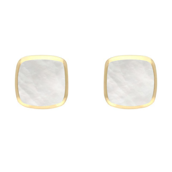 9ct Yellow Gold Mother of Pearl Dinky Cushion Stud Earrings. E335.