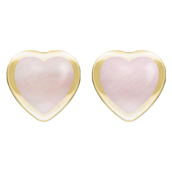 9ct Yellow Gold Pink Mother Of Pearl Large Framed Heart Stud Earrings. E433.