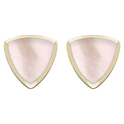 9ct Yellow Gold Pink Mother of Pearl Curved Triangle Stud Earrings. E203.